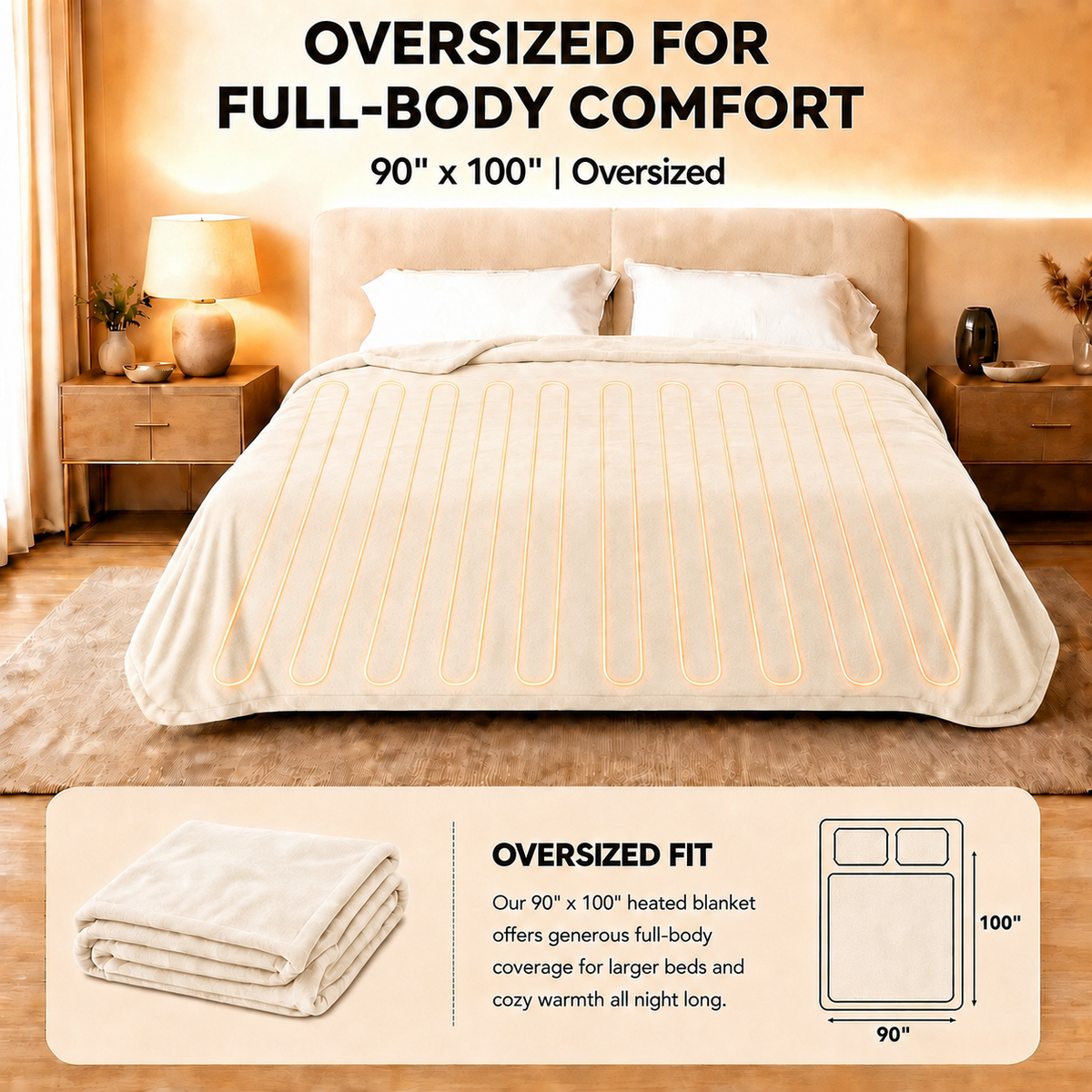 SUNNY HEAT Heated Electric Blanket King 90"×100", 10 Heat Settings, 1-12 Hour Auto Off, Washable, Off White