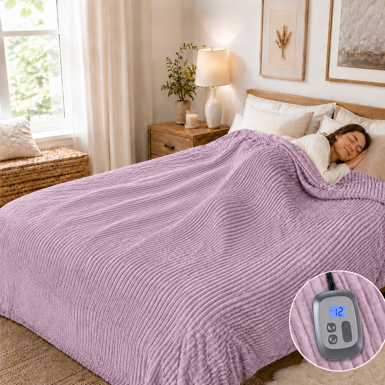 Heated Electric Blanket Ribbed Flannel 72"x84" Full Size - 10 Heating Settings & 12 Hours Auto off, Thick and Warm Washable - Purple