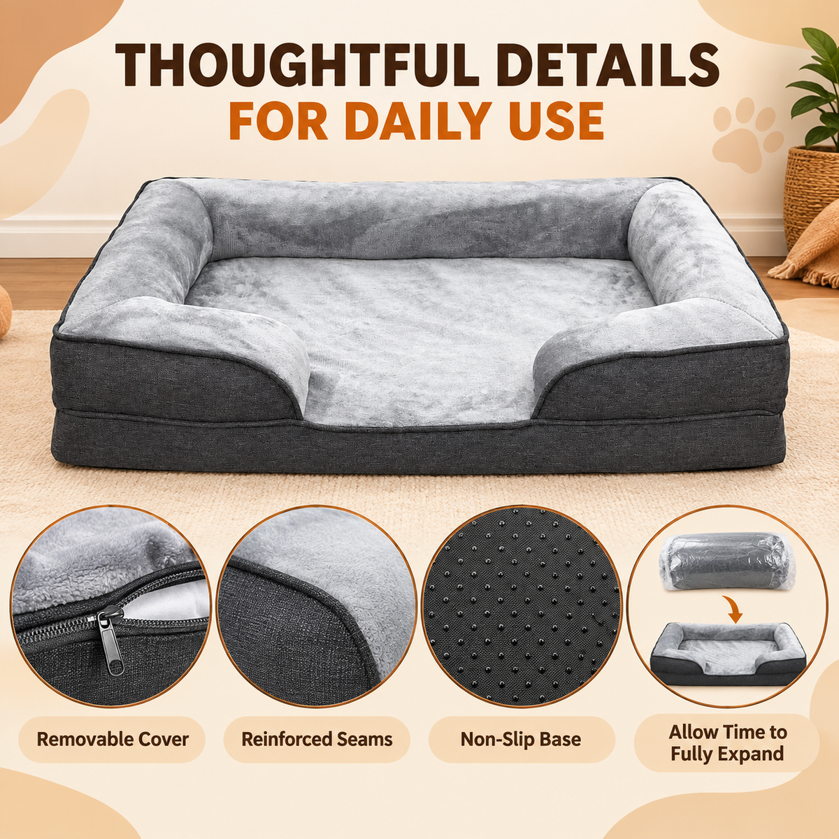 SUNNY HEAT Dog Bed for Small Medium Dogs,Soft Flannel Pet Couch Bed with Egg Crate Foam Cushion, Durable Oxford Fabric Puppy Sleeping Bed, with Bolster Sides,Gray