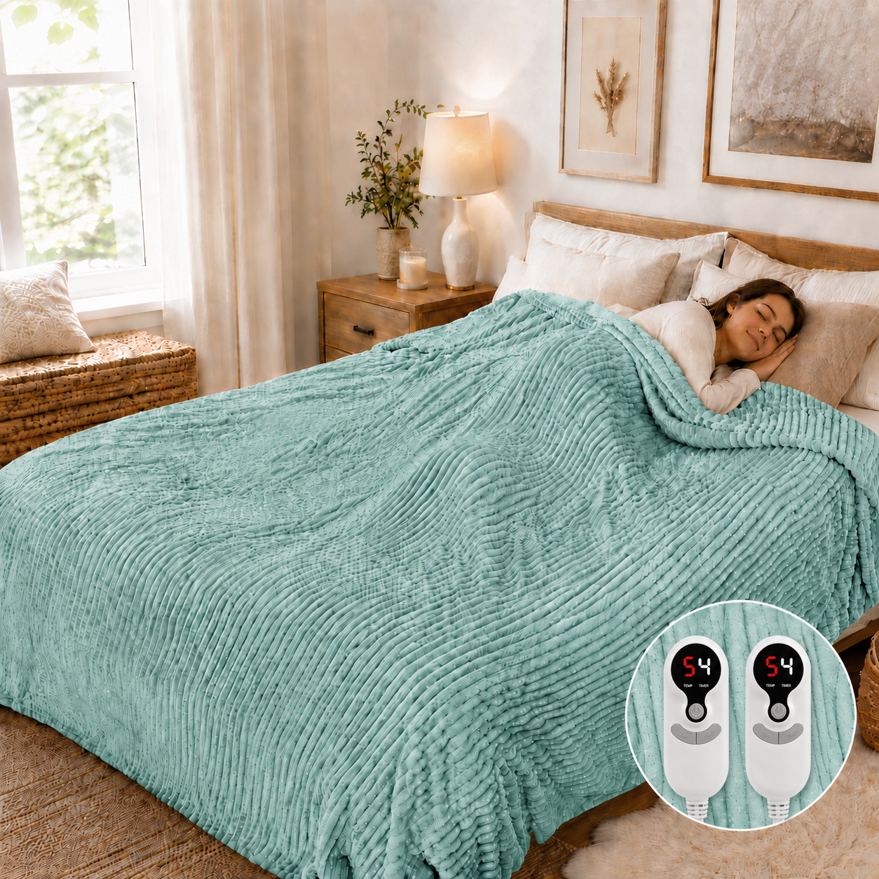 SUNNY HEAT Electric Heated Blanket 84'' x 90'' Queen Size Flannel Machine Washable, Warm and Cozy all Night, 9 Heating Levels & 1-10 Hours Auto Off Dual Control-Pea Green