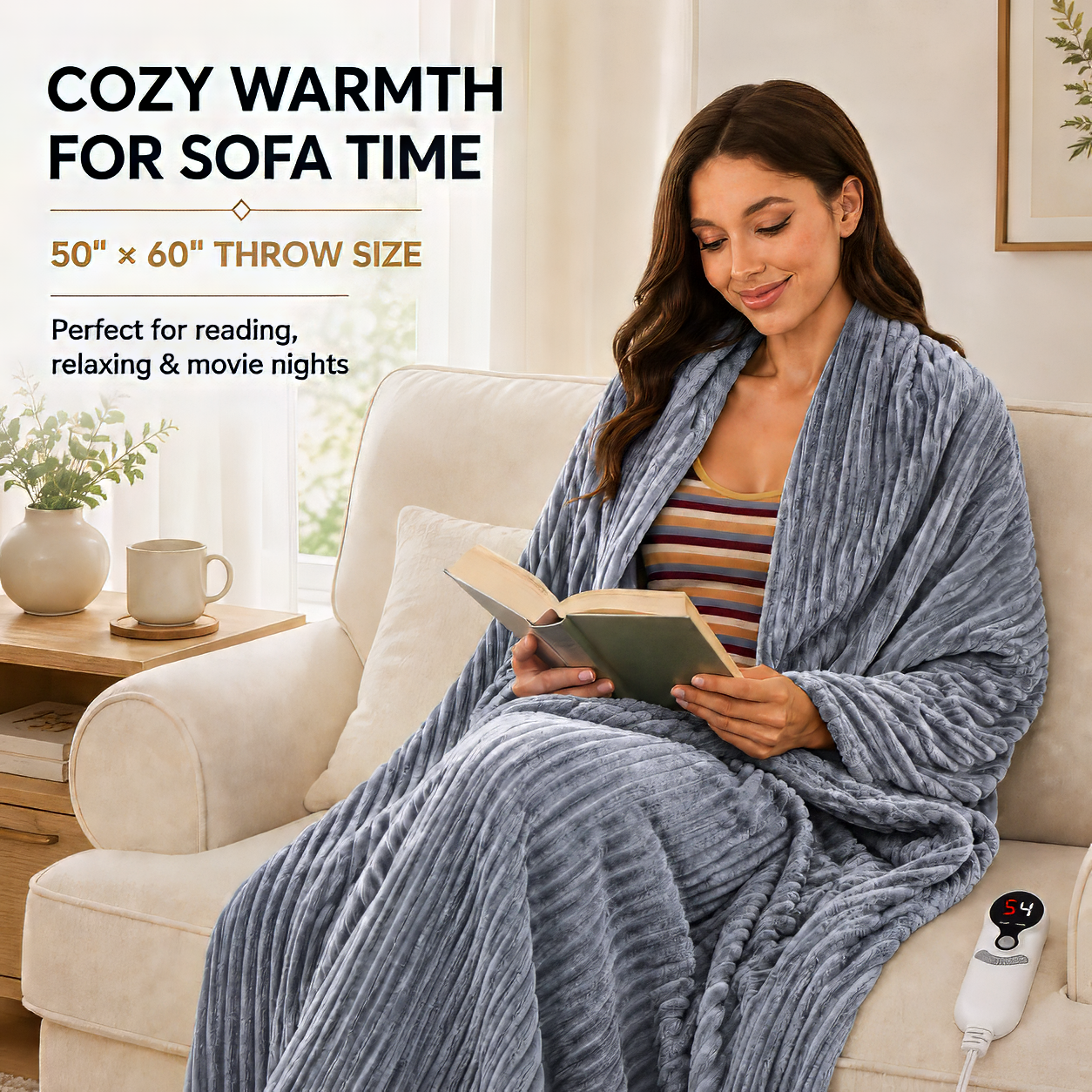SUNNY HEAT Heated Electric Blanket Ribbed Flannel 50"x60" Throw Size - 9 Heating Levels & 1-10 Hours Auto Off, Thick and Warm Washable - Gray