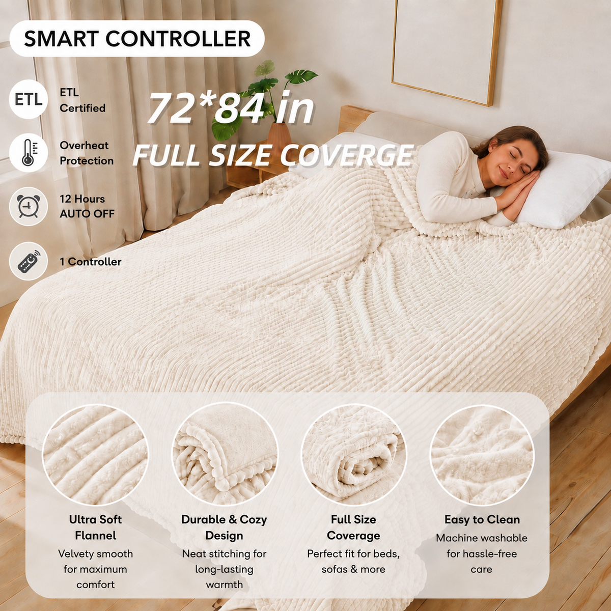 SUNNY HEAT Heated Electric Blanket Ribbed Flannel 72"x84" Full Size - 10 Heating Settings & 2/4/6/8/10/12 Hours Auto off, Thick and Warm Washable - White