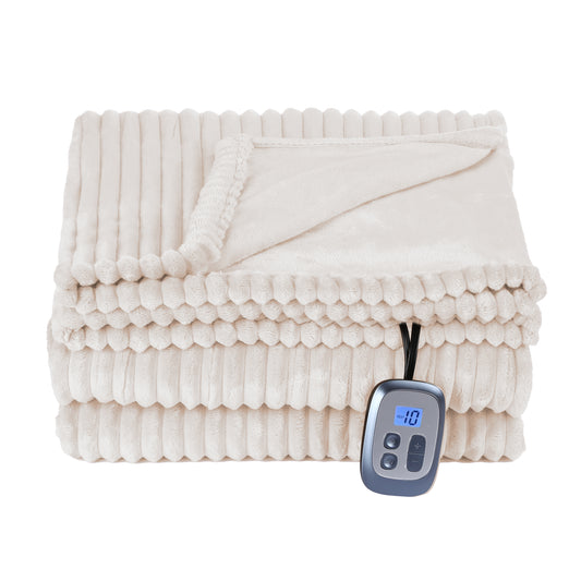 Heated Electric Blanket Ribbed Flannel 72"x84" Full Size - 10 Heating Settings & 12 Hours Auto off, Thick and Warm Washable - White