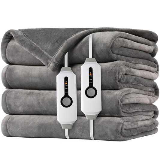 SUNNY HEAT Electric Heated Blanket Flannel Queen Size 84" x 90", 4 Heating Settings & 10 Hours Auto Off, Cozy Dual Control, Light Grey