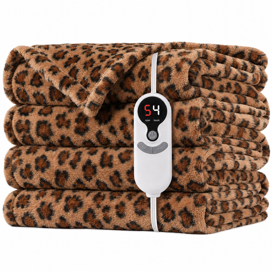 SUNNY HEAT Electric Blanket Heated Twin 62" x 84" -Fast Heating 9 Levels & 10H Auto off, Warm Soft Fannel Machine Washable, for Bed/Couch/Office, Classic Leopard Print