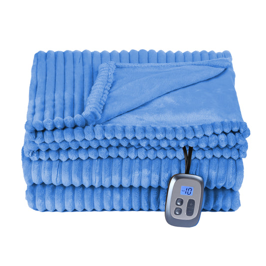 Heated Electric Blanket Ribbed Flannel 72"x84" Full Size - 10 Heating Settings & 12 Hours Auto off, Thick and Warm Washable - Blue