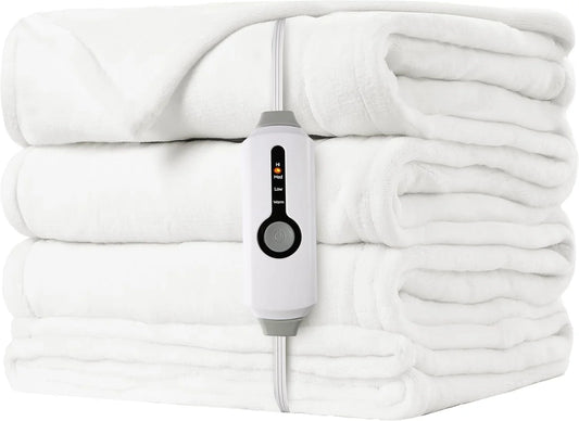 SUNNY HEAT Heated Electric Blanket Full Size 72"x84" - Blanket with 4 Heating Levels & 10 Auto Off - Winter Comfortable Relaxation Heated Blanket for office & Bedding, White