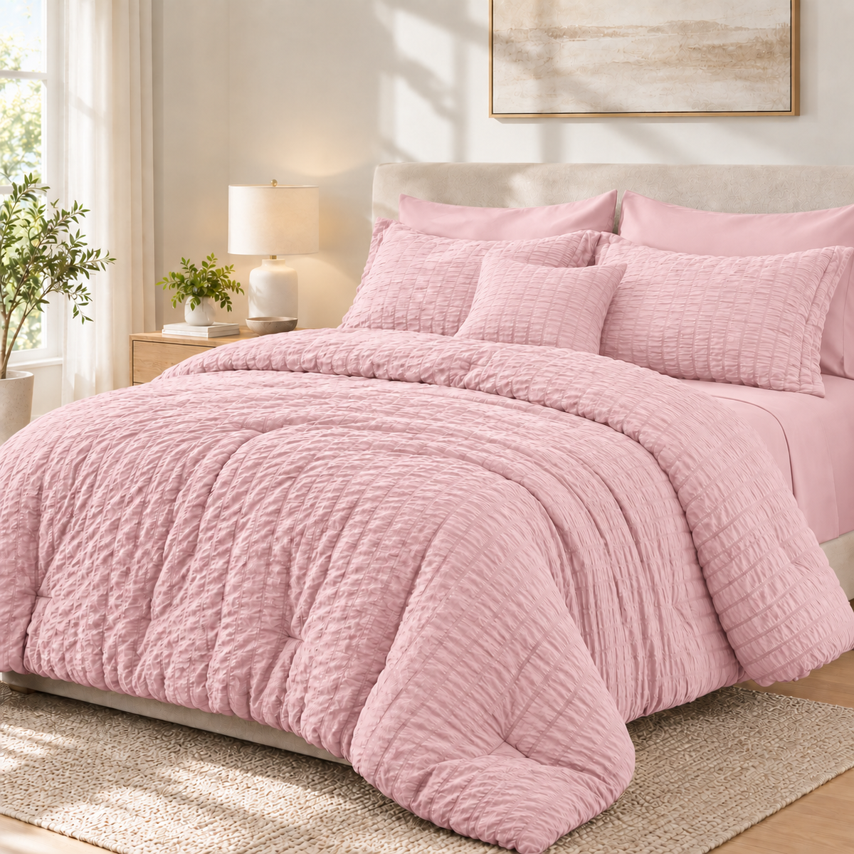 SUNNY HEAT Queen Size 8 Piece Seersucker Comforter Set, Soft Lightweight Bed in a Bag, Breathable All Season Bedding with Sheets, Pillowcases & Shams, Pink