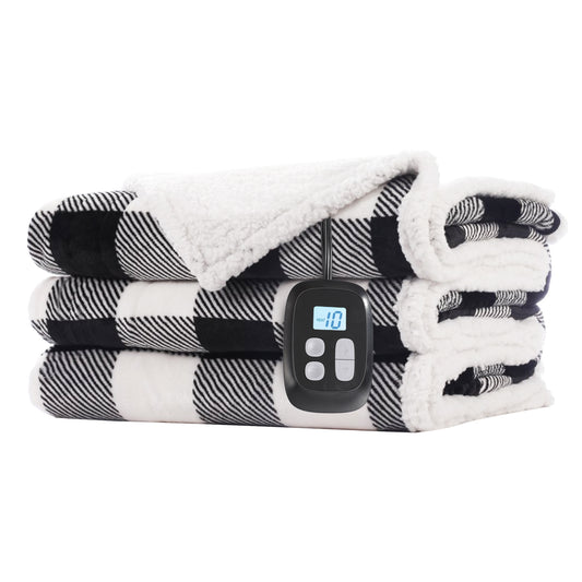 SUNNY HEAT Electric Heated Blanket 72"x84" Full Size, 10 Heating Levels & 12 H Auto Shut Off, Cotton & Microplush Plaid, Black & White