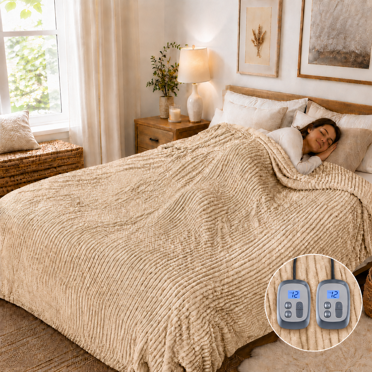SUNNY HEAT Electric Heated Blanket 84'' x 90'' Queen Size Flannel Machine Washable, Warm and Cozy all Night, 10Heating Levels & 12 Hours Auto Off Dual Control-Brown