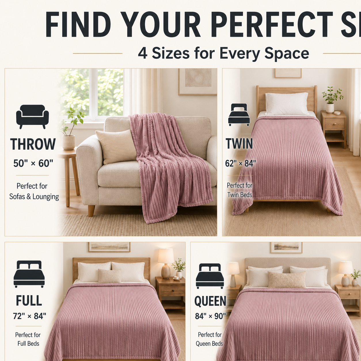 SUNNY HEAT Heated Electric Blanket Ribbed Flannel 50"x60" Throw Size - 9 Heating Levels & 1-10 Hours Auto Off, Thick and Warm Washable - Dusty Pink