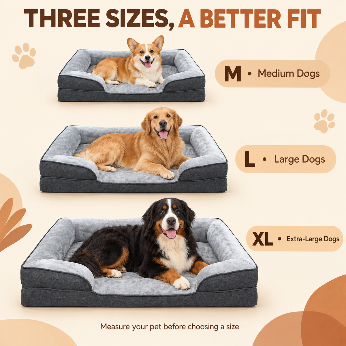 SUNNY HEAT Large Dog Bed for Medium Dogs,Soft Flannel Pet Bed with Shredded Foam Filling,Removable Washable Cover Non-Slip Bottom Dog Sofa Bed,Bolster Sides, Non-Skid, Gray