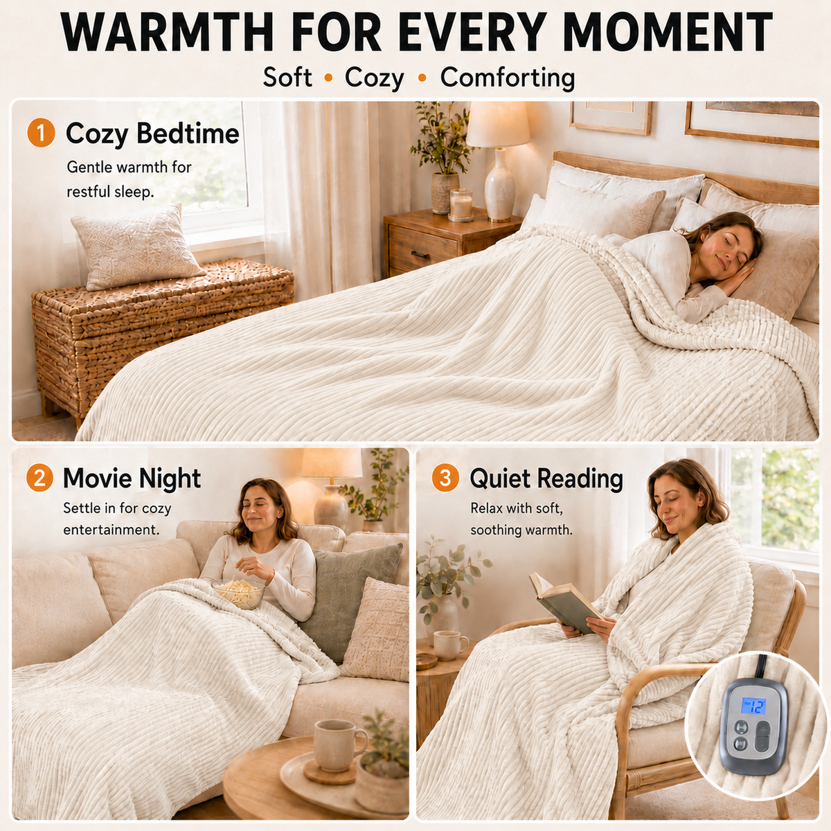 SUNNY HEAT Heated Electric Blanket Ribbed Flannel 72"x84" Full Size - 10 Heating Settings & 2/4/6/8/10/12 Hours Auto off, Thick and Warm Washable - White