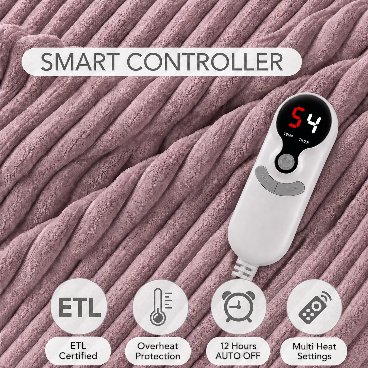 SUNNY HEAT Heated Electric Blanket Ribbed Flannel 62"x84" Twin Size - 9 Heating Levels & 1-10 Hours Auto Off - Dusty Pink