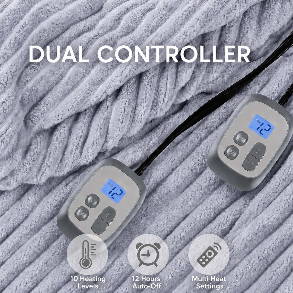 SUNNY HEAT Heated Electric Blanket Ribbed Flannel 84"x90" Queen Size - 10 Heating Settings & 2/4/6/8/10/12 Hours Auto off, Quick Heating Washable - Light Grey