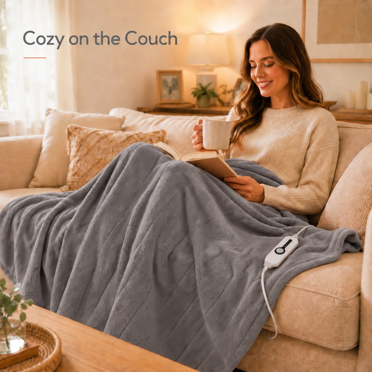 SUNNY HEAT Electric Blanket Heated Throw Fleece & Sherpa Fabric 50" x 60" Throw Size-4 Heating Settings & 3 Hours Auto Off, Super Soft Machine Washable-Grey