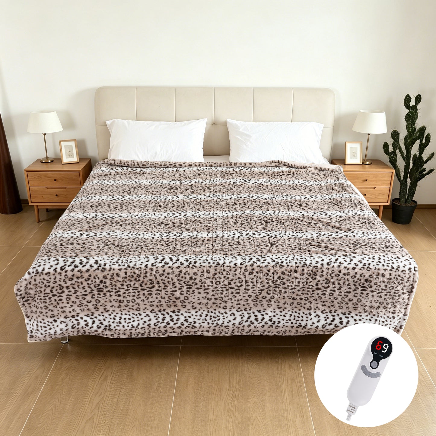 SUNNY HEAT Electric Heated Blanket Full Size 72"x 84" Soft Flannel with 9 Levels Heating & 10Hs Auto off, Machine Washable, Beige Leopard Print