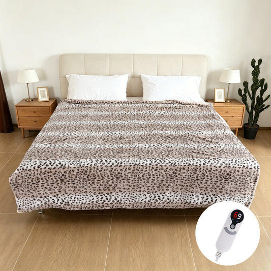 SUNNY HEAT Electric Heated Blanket Full Size 72"x 84" Soft Flannel with 9 Levels Heating & 10Hs Auto off, Machine Washable, Beige Leopard Print