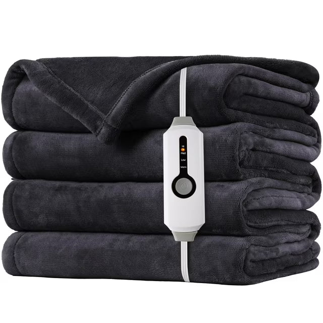 SUNNY HEAT Electric Heated Blanket 50" x 60" Throw Size-4 Heating Settings & 3 Hours Auto off, Microplush Machine Washable-Dark Grey
