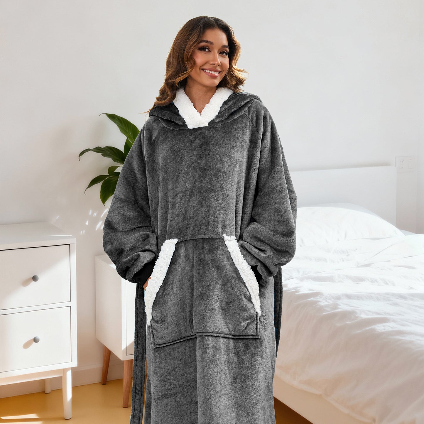 SUNNY HEAT Wearable Blanket with Sleeves, Light Grey, Standard Size - Warm Cozy for Bed Sofa Trave