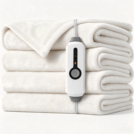SUNNY HEAT Electric Blanket Heated Throw 50" x 60" -Fast Heating 4 Levels & 3H Auto off, Warm Soft Fannel Machine Washable, for Bed/Couch/Office, White