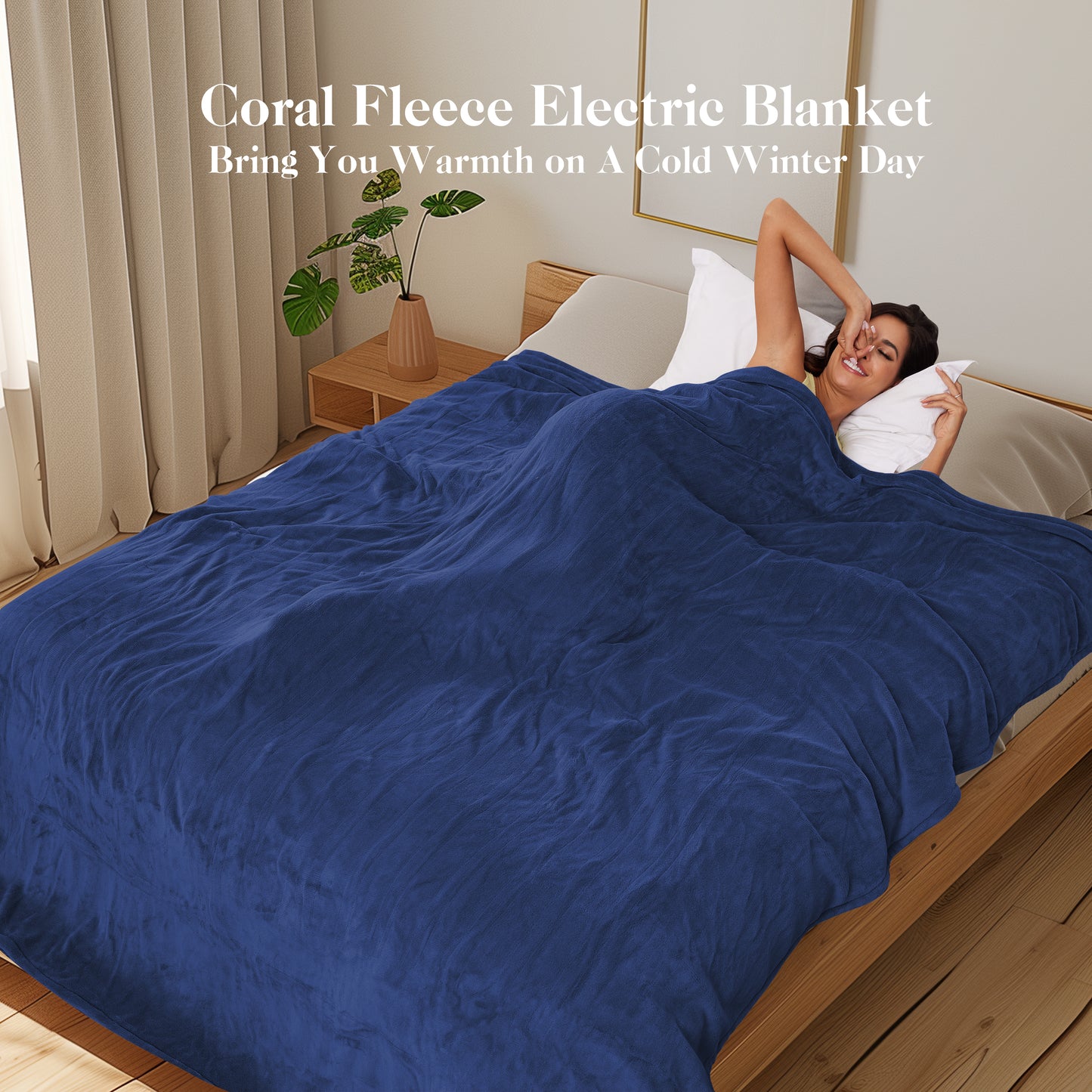 Electric Heated Blanket Coral Fleece 72" x 84" Full Size-4 Heating Settings & 10 Hours Auto Off, Breathable Machine Washable-Dark Blue