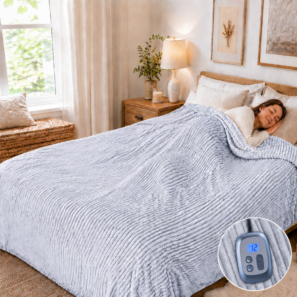 SUNNY HEAT Heated Electric Blanket Soft Flannel Full Size 72" x 84", Fast Heat, 10 Heating Settings & 12 Hours Auto Shut-off,Light Grey