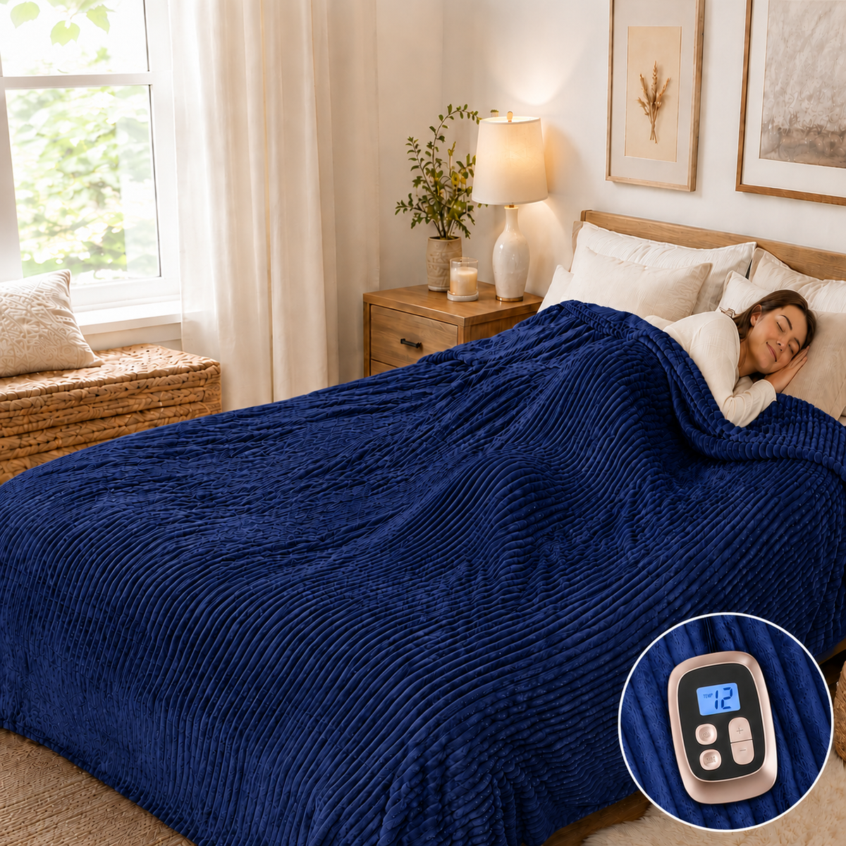 SUNNY HEAT Heated Electric Blanket Soft Flannel Full Size 72" x 84", Fast Heat, 10 Heating Settings & 12 Hours Auto Shut-off, Dark Blue