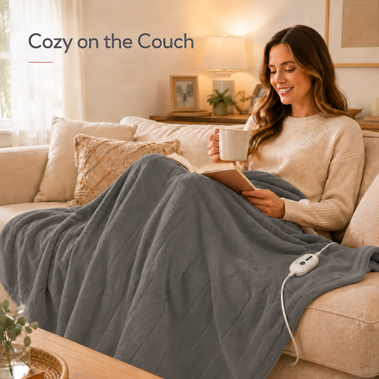 SUNNY HEAT Electric Heated Blanket Throw Size 50" x 60" Soft Flannel with 4 Levels Heating & 3 Hs Auto off, Machine Washable, Grey