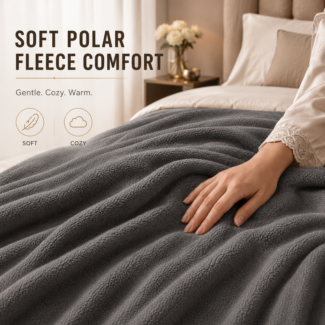 SUNNY HEAT Electric Heated Blanket, 72'' x 84'', Comfortable Polar Fleece, Light Grey