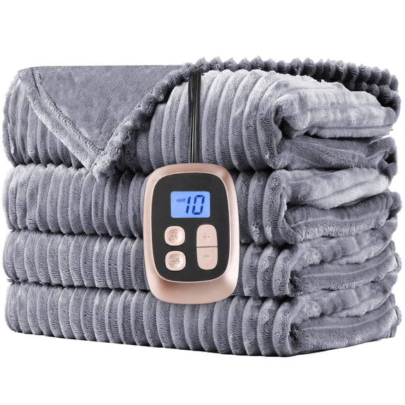 SUNNY HEAT Heated Electric Blanket Soft Flannel Full Size 72" x 84", Fast Heat, 10 Heating Settings & 12 Hours Auto Shut-off, Grey