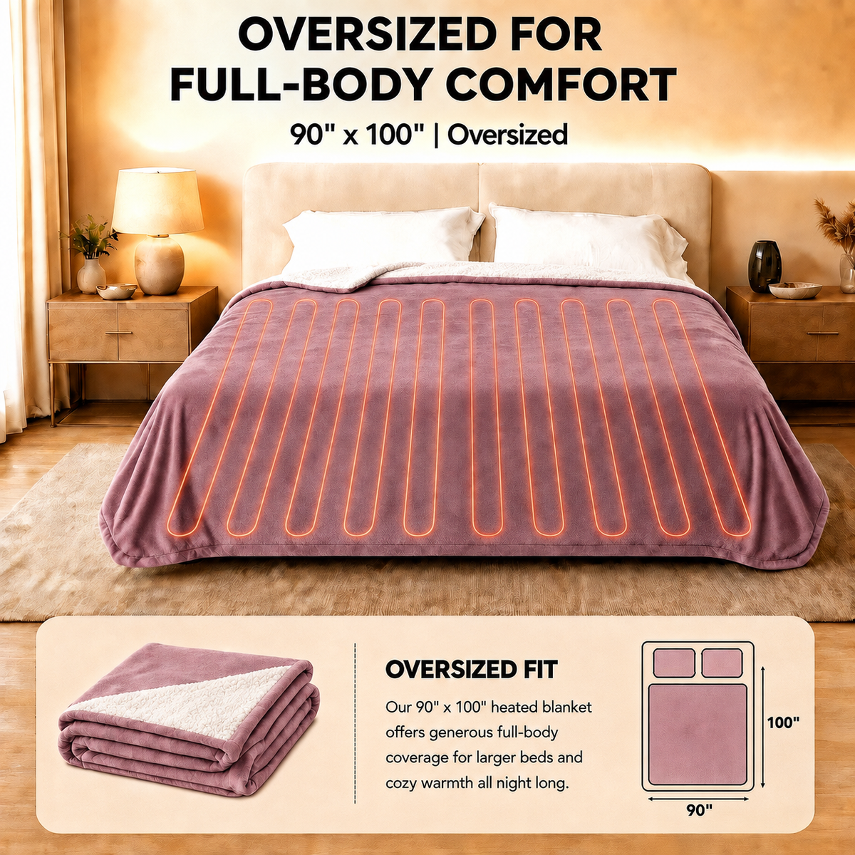 SUNNY HEAT Heated Electric Blanket King 90"×100", 10 Heat Settings, 1-12 Hour Auto Off, Washable, Berry