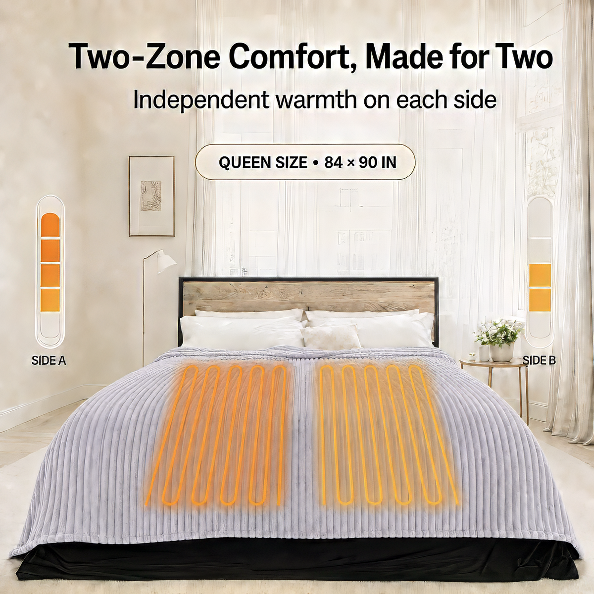 SUNNY HEAT Heated Electric Blanket Ribbed Flannel 84"x90" Queen Size - 10 Heating Settings & 2/4/6/8/10/12 Hours Auto off, Quick Heating Washable - Light Grey