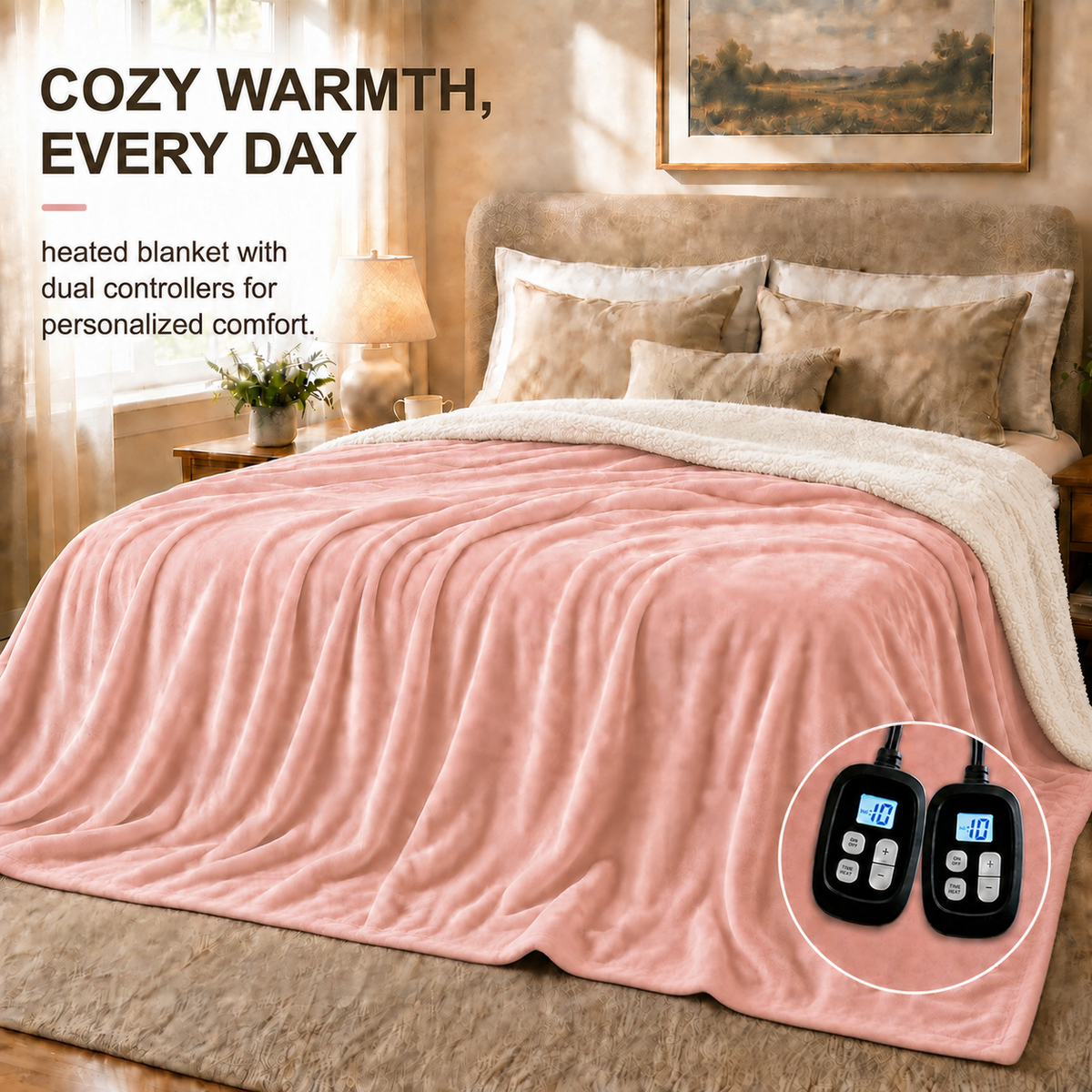 SUNNY HEAT Heated Electric Blanket King 90"×100", 10 Heat Settings, 1-12 Hour Auto Off, Washable, Cherry Blossom Pink