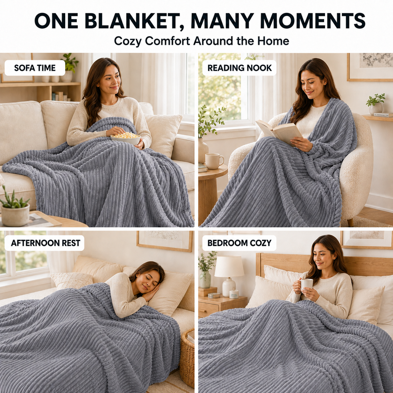 SUNNY HEAT Heated Electric Blanket Ribbed Flannel 50"x60" Throw Size - 9 Heating Levels & 1-10 Hours Auto Off, Thick and Warm Washable - Gray