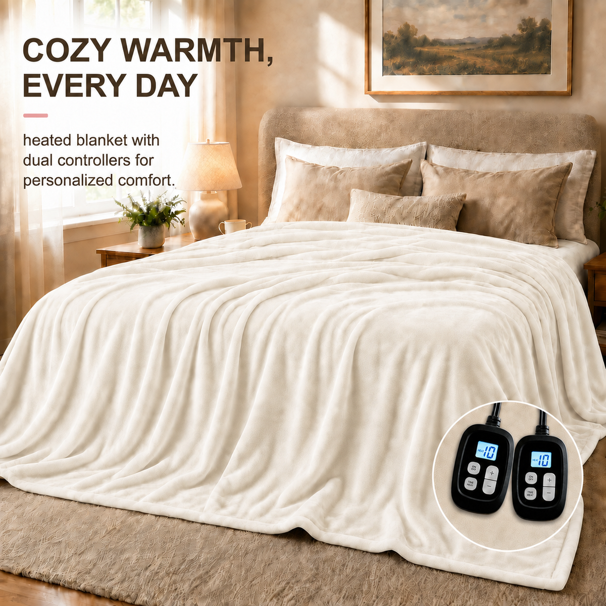 SUNNY HEAT Heated Electric Blanket King 90"×100", 10 Heat Settings, 1-12 Hour Auto Off, Washable, Off White