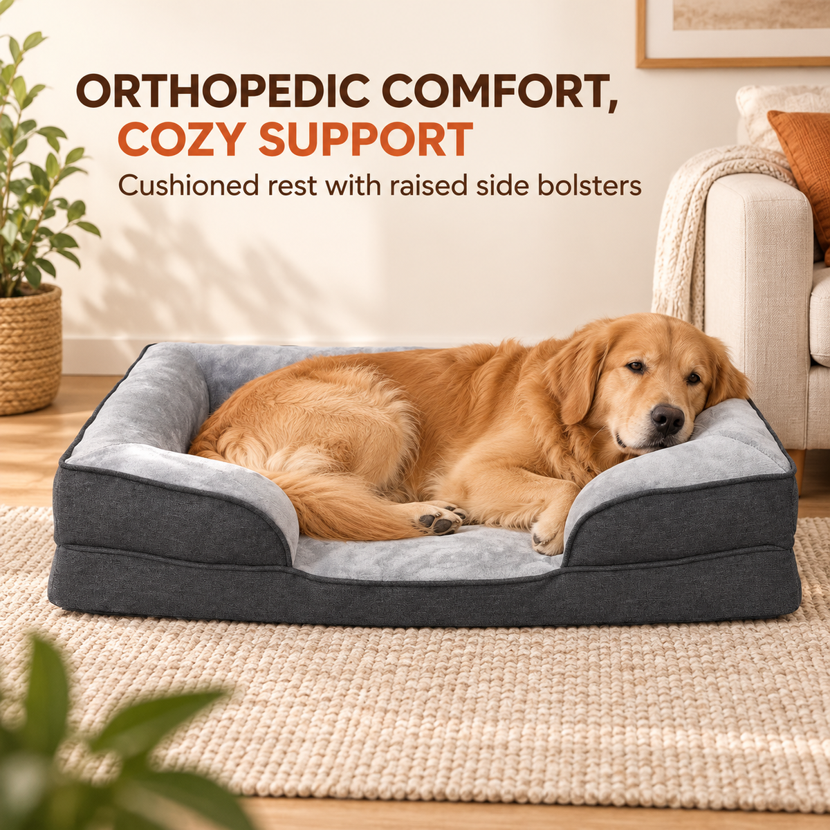SUNNY HEAT Orthopedic Dog Bed for large Dogs, in Egg Crate Foam Pet Bed with Soft Flannel Surface, Durable Oxford Fabric Puppy Bed,  Dog Couch Bed,with Bolster Sides, Non-Skid, Gray