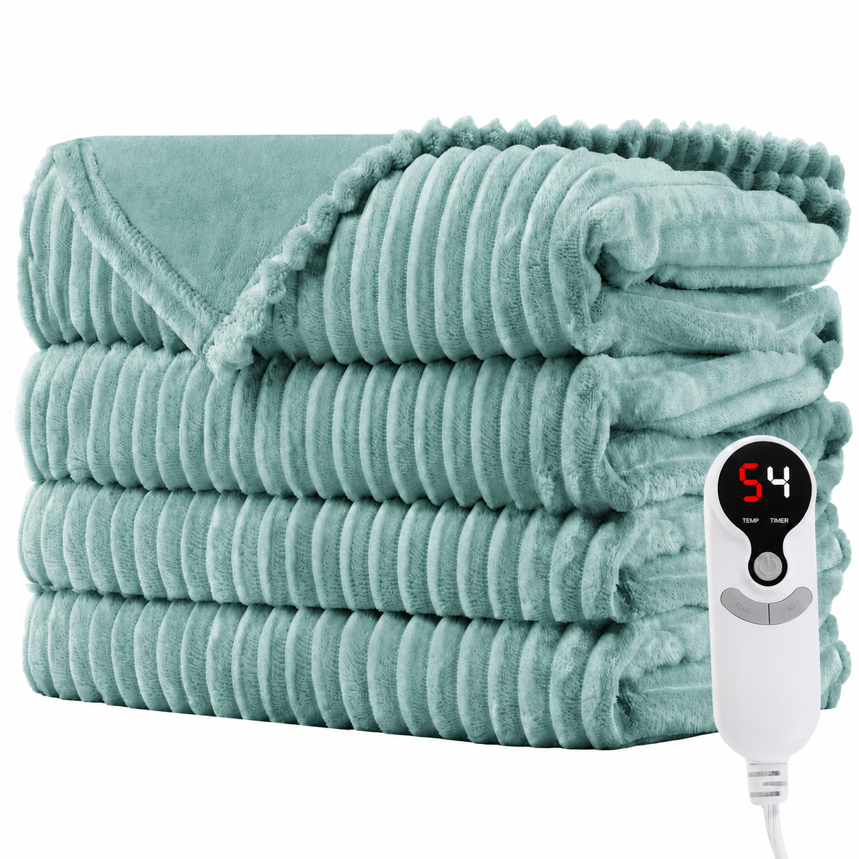 SUNNY HEAT Heated Electric Blanket Ribbed Flannel 50"x60" Throw Size - 9 Heating Levels & 1-10 Hours Auto Off, Thick and Warm Washable - Pea Green