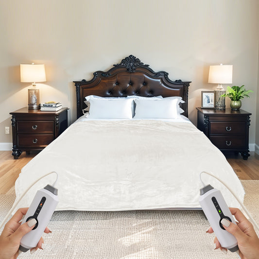 SUNNY HEAT Electric Heated Blanket Flannel Queen Size 84" x 90", 4 Heating Settings & 10 Hours Auto Off, Cozy Dual Control, White