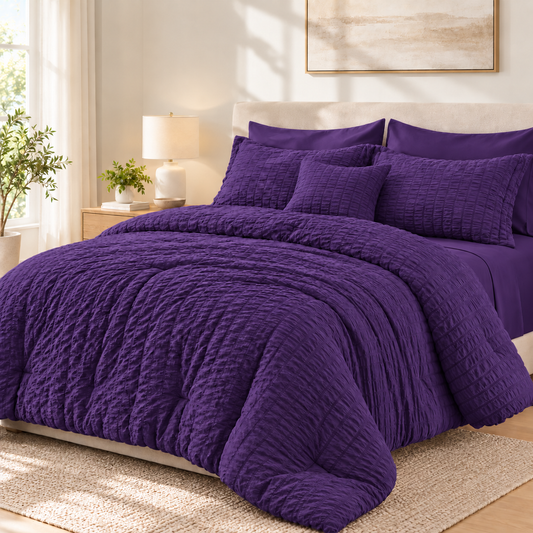 SUNNY HEAT Queen Size 8 Piece Seersucker Comforter Set, Soft Lightweight Bed in a Bag, Breathable All Season Bedding with Sheets, Pillowcases & Shams, Purple