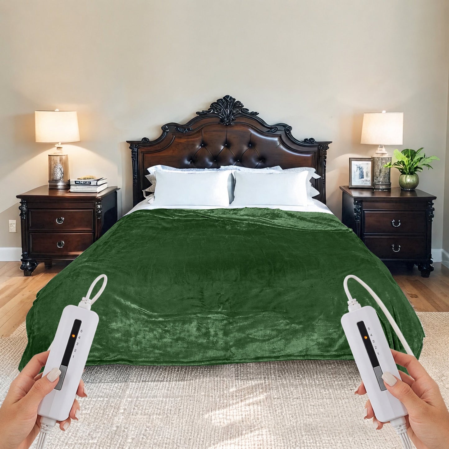 SUNNY HEAT Electric Heated Blanket Queen Size 84" x 90" Soft Flannel with 5 Levels Heating & 10Hs Auto off, Dual Controllers, Dual Zone Temperature Control, Light Grass Green