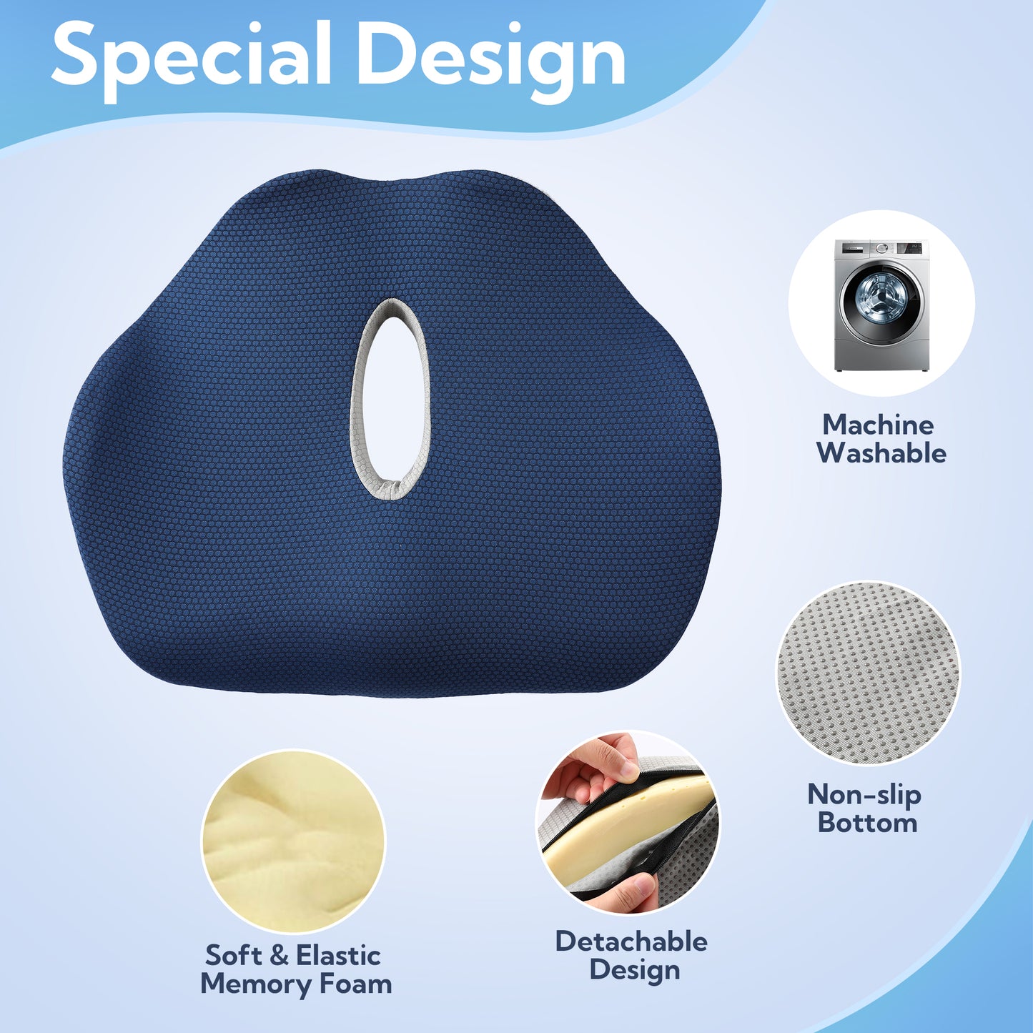 SUNNY HEAT Orthopedic Memory Foam Chair Cushion 17x14x3 - Pressure Relief Pad for Sitting, Coccyx Sciatica Pain Relief, Non-Slip Blue & White Cushion for Office Car Wheelchair