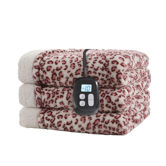 SUNNY HEAT Heated Electric Blanket Full Size 72' 'x 84'' 6 Heating Levels & 1-10 Hours Auto Off , Leopard Pink & White