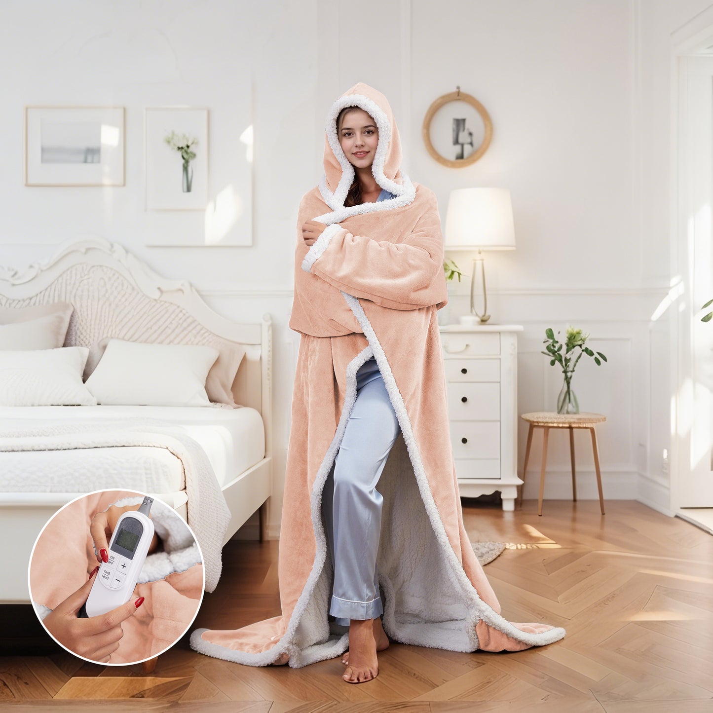 SUNNY HEAT Wearable Electric Heated Blanket 50"x70" , Soft Flanne & Cotton Fleecel,Warm and Cozy, Bed, Sofa,Travel Use,light pink