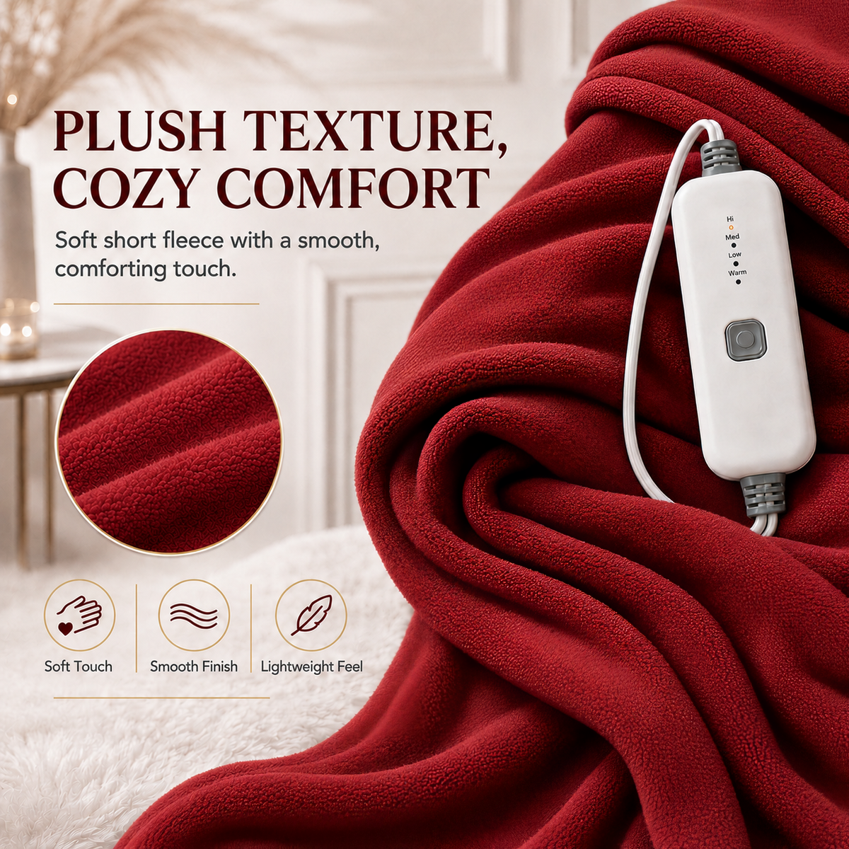 Electric Heated Blanket 62'' x 84'' Twin Size Polar Fleece – Machine Washable, Fast Heating & Overheat Protection, Multi-Scenario Use, Dark Red
