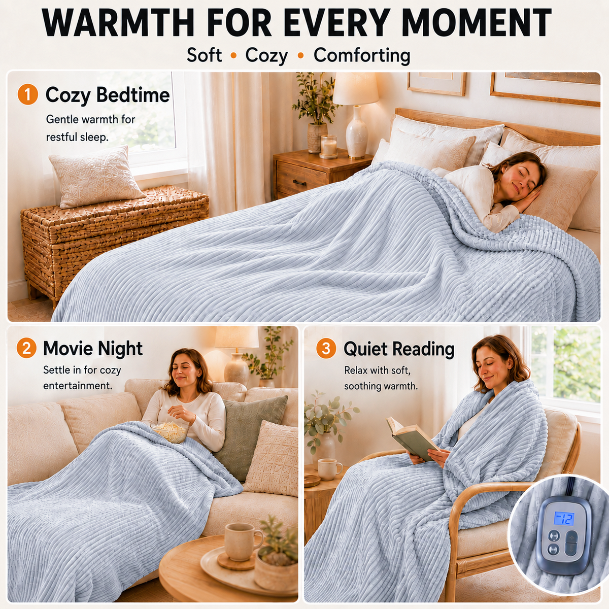 SUNNY HEAT Heated Electric Blanket Soft Flannel Full Size 72" x 84", Fast Heat, 10 Heating Settings & 12 Hours Auto Shut-off,Light Grey