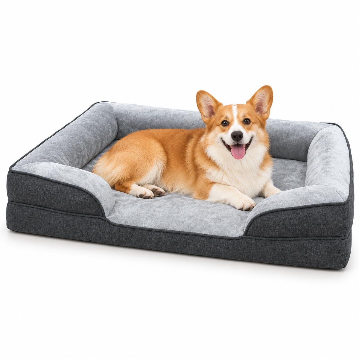SUNNY HEAT Large Dog Bed for Medium Dogs,Soft Flannel Pet Bed with Shredded Foam Filling,Removable Washable Cover Non-Slip Bottom Dog Sofa Bed,Bolster Sides, Non-Skid, Gray