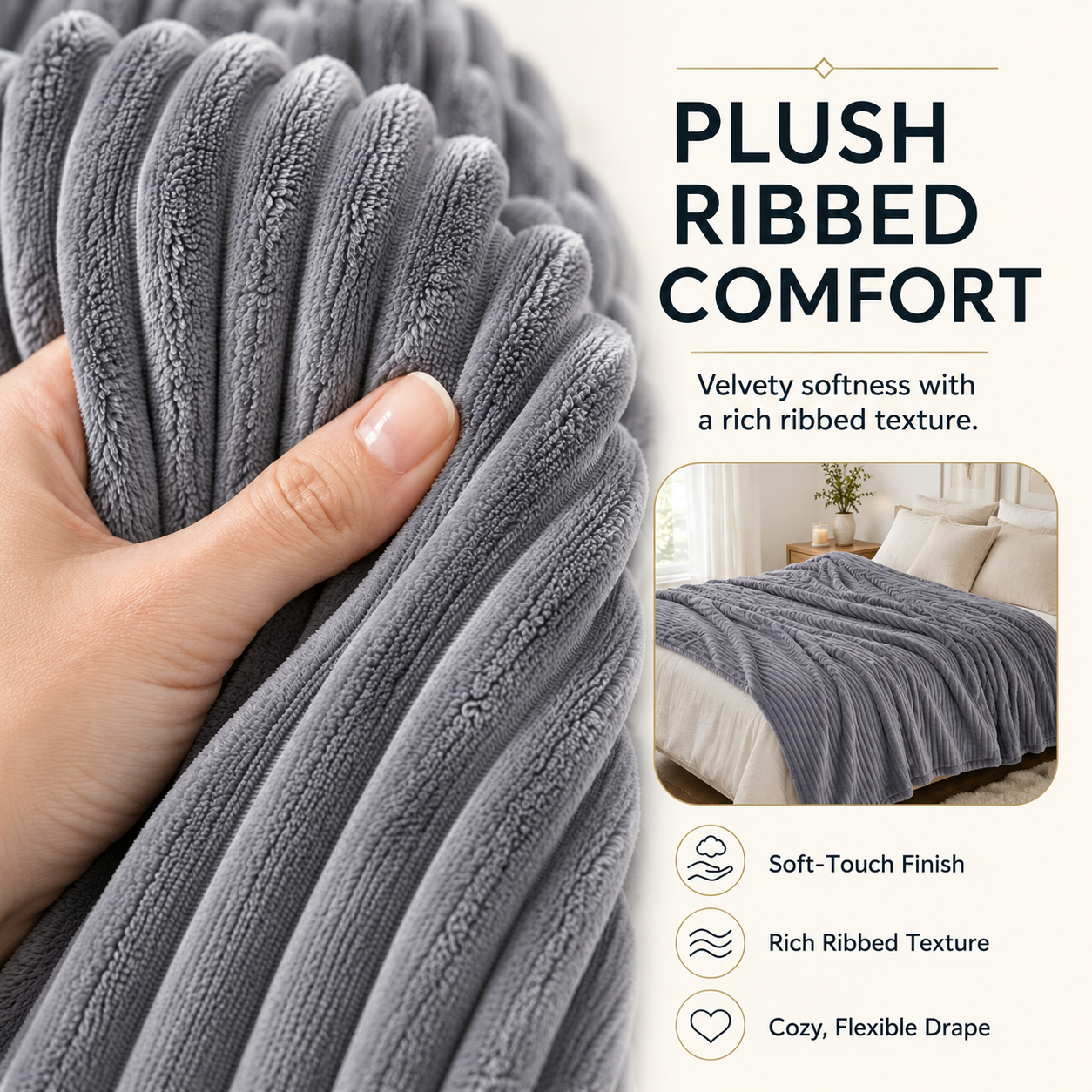SUNNY HEAT Heated Electric Blanket Ribbed Flannel 50"x60" Throw Size - 9 Heating Levels & 1-10 Hours Auto Off, Thick and Warm Washable - Gray