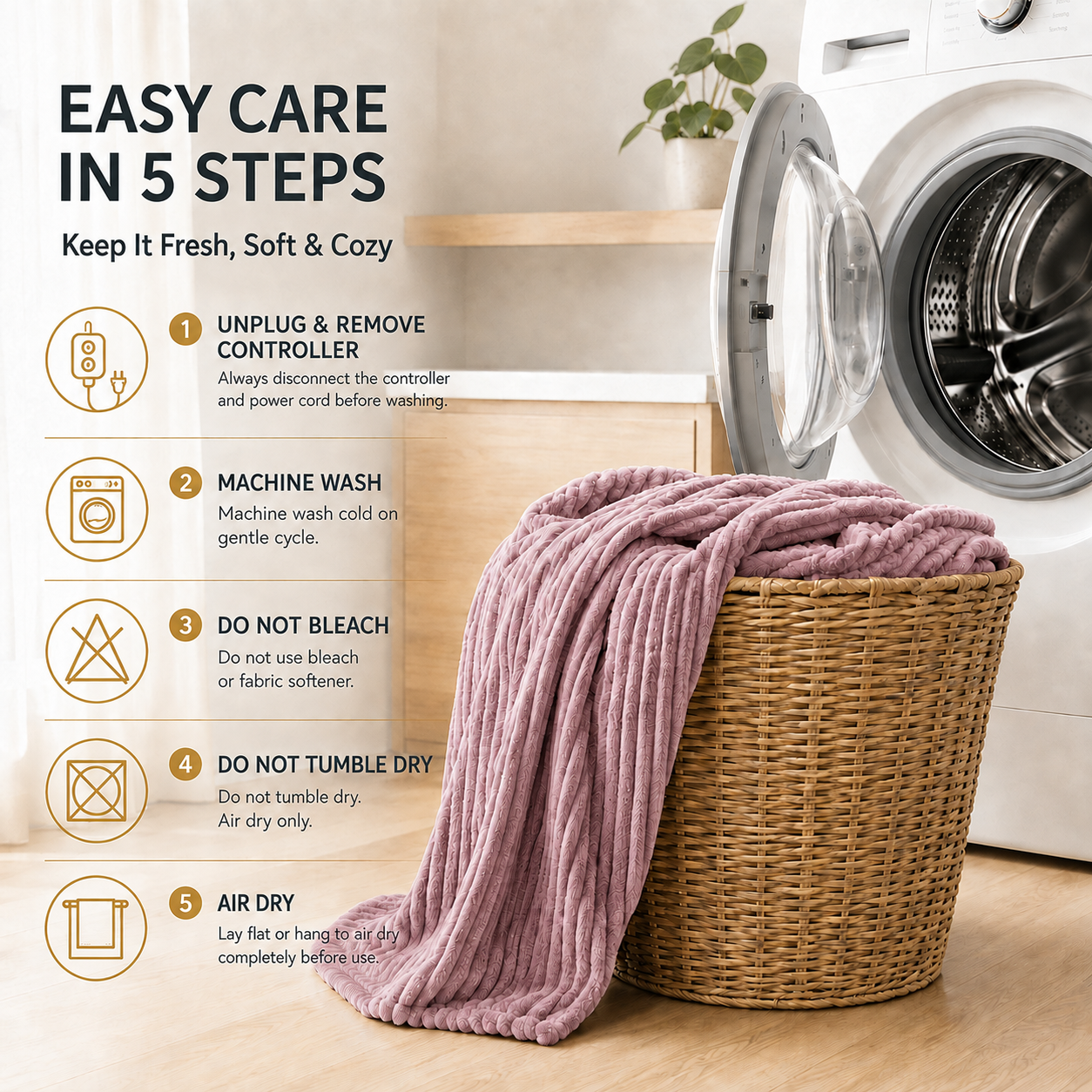 SUNNY HEAT Heated Electric Blanket Ribbed Flannel 62"x84" Twin Size - 9 Heating Levels & 1-10 Hours Auto Off - Dusty Pink