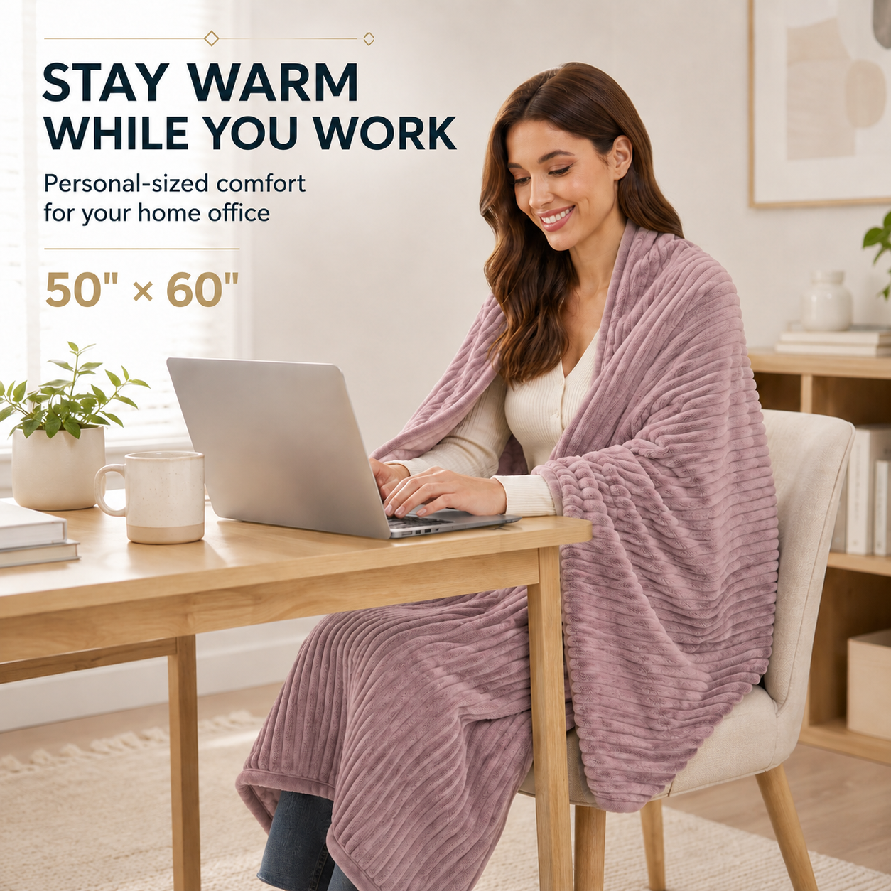 SUNNY HEAT Heated Electric Blanket Ribbed Flannel 50"x60" Throw Size - 9 Heating Levels & 1-10 Hours Auto Off, Thick and Warm Washable - Dusty Pink